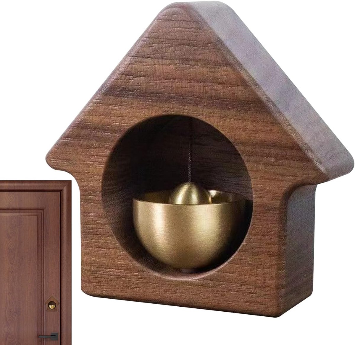 Houten Deurbel - Winkelbel met bel - Gastvrije sfeer creëren - Magnetische bevestiging - 8.6 x 8.5 cm - Walnoot