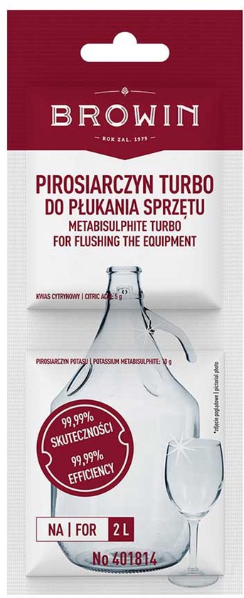 Browin verpakking met "PIROSIARCZYN TURBO DO PŁUKANIA SPRZĘTU METABISULPHITE TURBO FOR FLUSHING THE EQUIPMENT". Illustratie van een fles en glas.