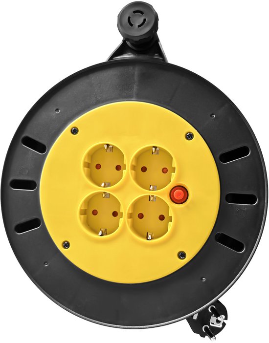 Enrouleur de câble avec rallonge 10 m, prise extérieure avec 4 connexions, rallonge électrique extérieure, enrouleur de câble pour atelier, interrupteur thermique