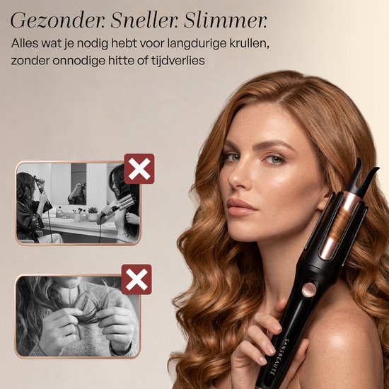 Model met lang golvend rood haar houdt automatische krultang vast, met voorbeelden van traditioneel krullen.