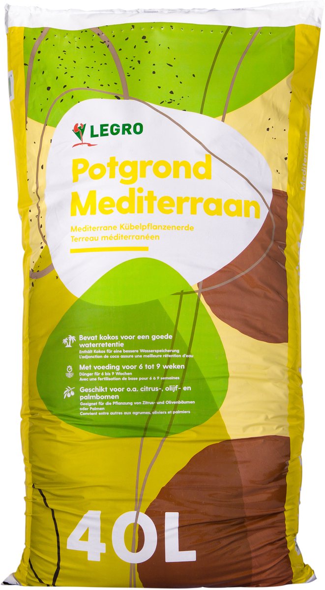 Legro potgrond Mediterraan 40 liter - kwaliteitspotgrond voor buiten en binnen, voeding voor 9 weken, geschikt voor Mediterrane planten als o.a. olijf, palm, oleander, vijg en andere tuinplanten en kamerplanten, kan in potten, bakken en als tuinaarde