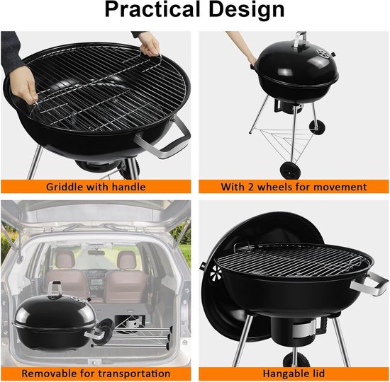Kogelbarbecue 54 cm met Deksel - Houtskool BBQ Grillwagen met Wielen - Ronde Houtskoolgrill 64 x 64 x 99 cm voor Tuin, Camping, Terras, Picknick en Buiten Koken — afbeelding 3