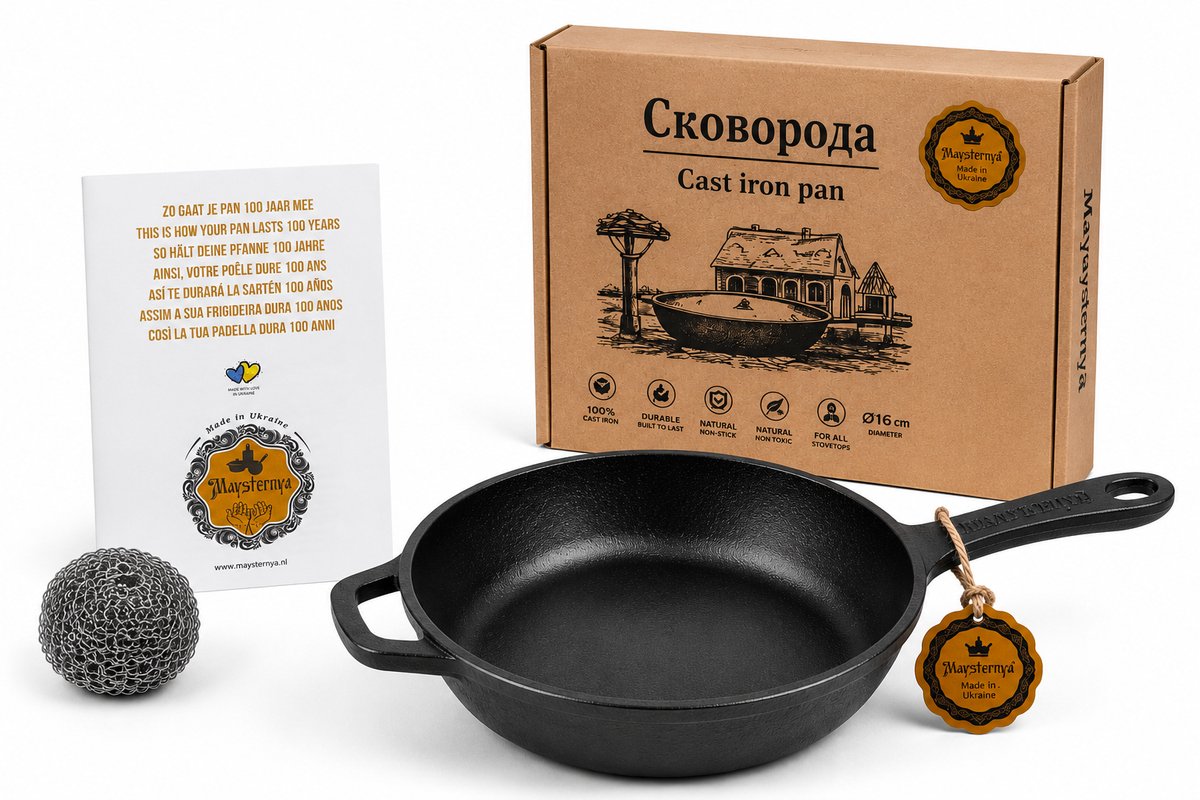 MAYSTERNYA Compacte Koekenpan Gietijzer - ø 16 x 4 cm - Gietijzeren Pan voor alle warmtebronnen - Pannenset - Bakken - Grillen - Inductie - Traditioneel Cadeau - Metalen handvat - Robuste Pan - PFAS vrij - Zwart