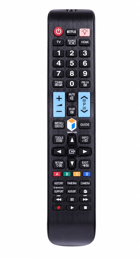 Zwarte afstandsbediening met nummertoetsen, Netflix, en navigatieknoppen.