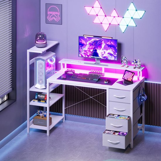 Gaming bureau - PC tafel - Comfortabel werken - Met RGB verlichting - 130 cm breed - Wit — afbeelding 4