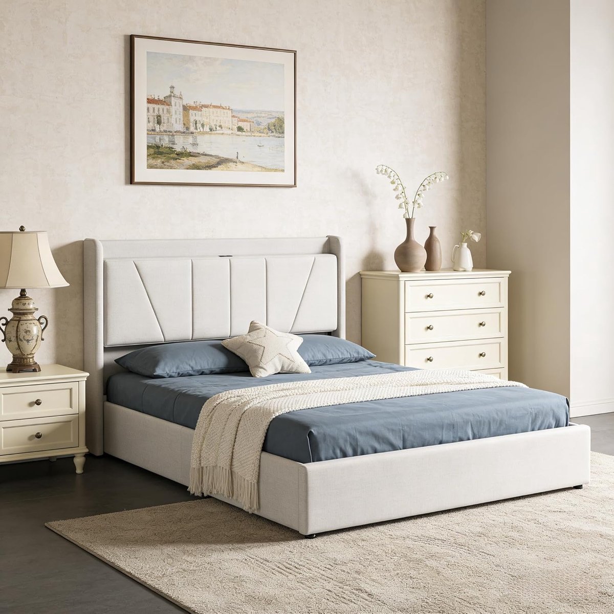 Linnen Bedframe - Opbergbed Met Poorten - Slaapkamer Organisatie - Geïntegreerde Oplaadpoorten - 160 x 200 cm - Beige