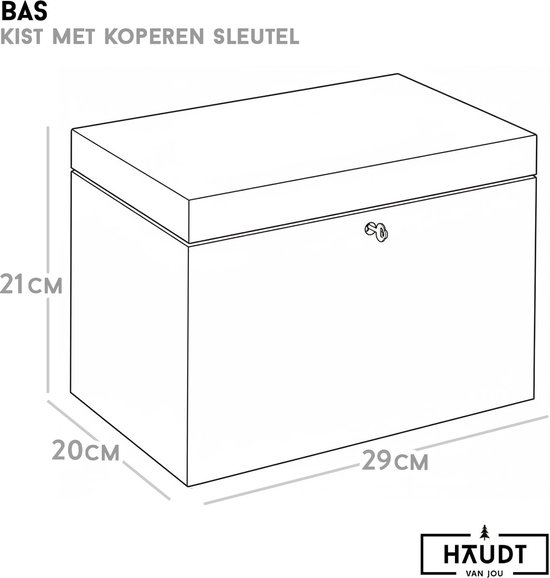 Technische tekening van pistachekleurige kist BAS 29x20x21cm met slot, incl. koperen sleutel.