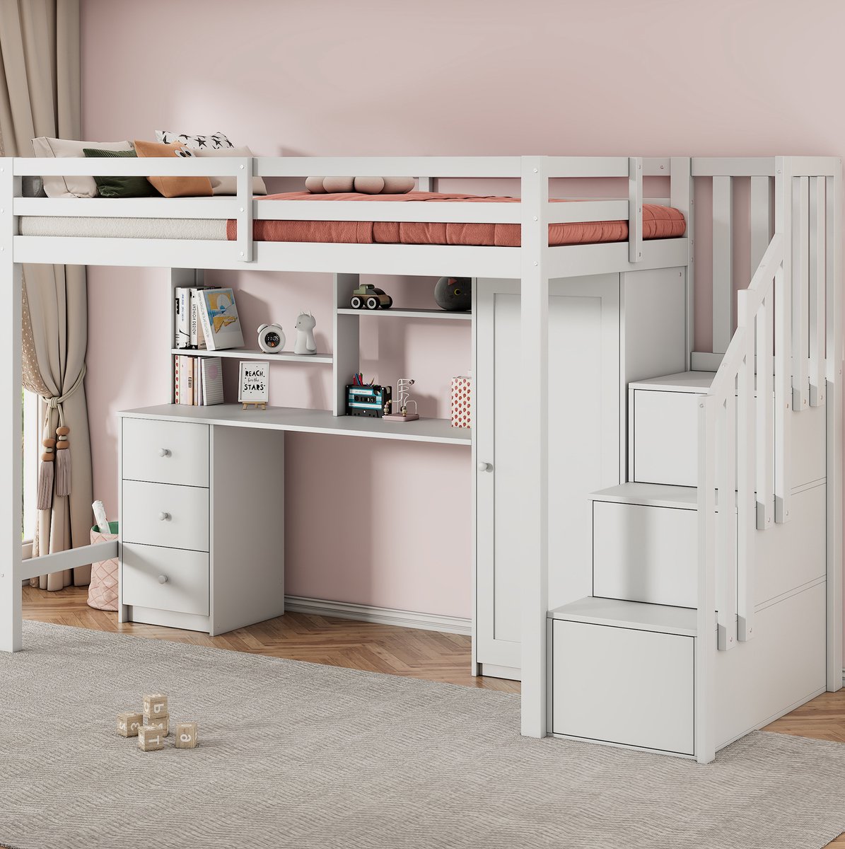 MEUNIQ stapelbed 90x200 cm met bureau, kledingkast, lades en trapopbergruimte voor kinderkamer - wit White