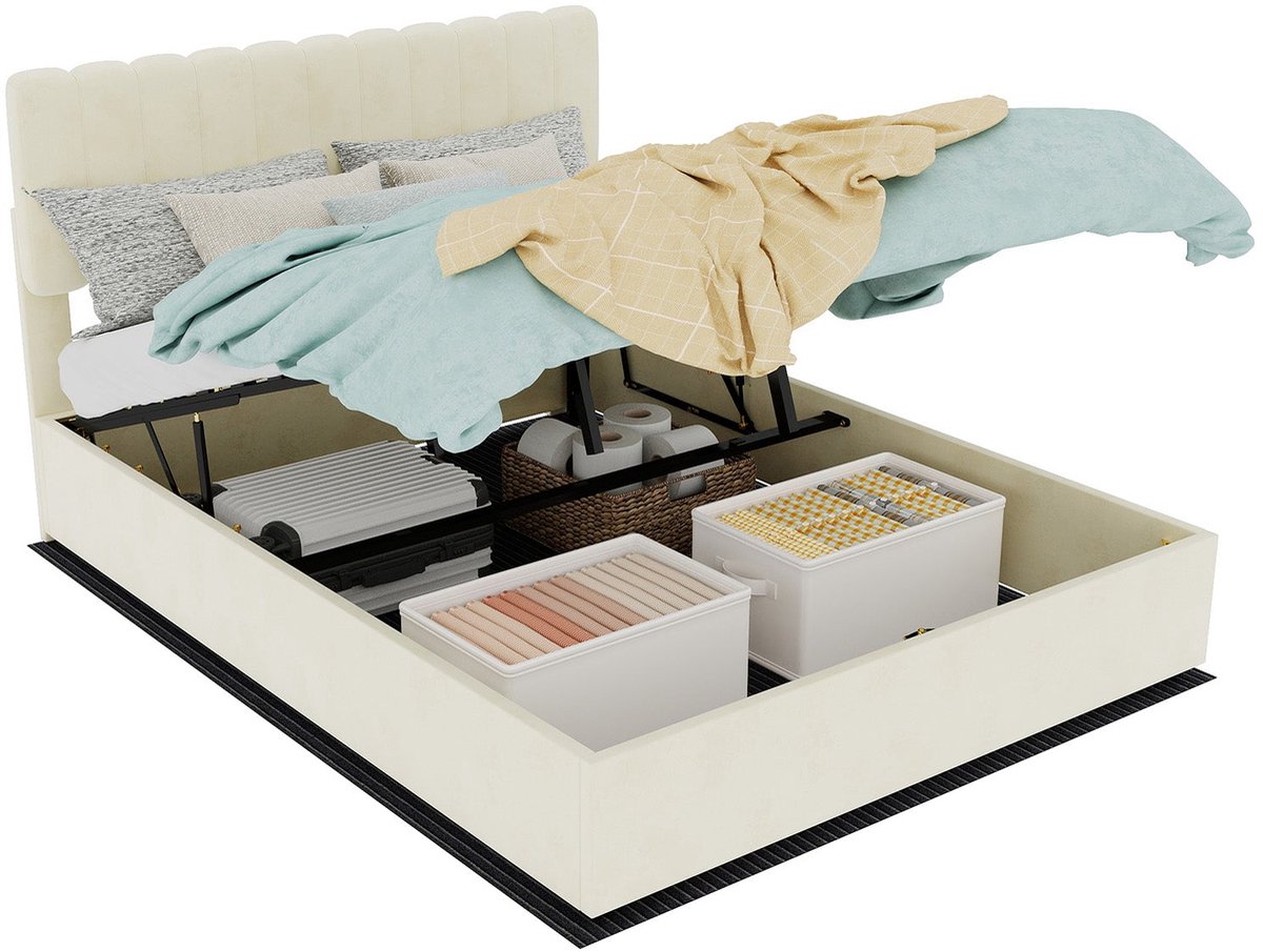 Merax Gestoffeerd Bed Met Opbergruimte 140x200 cm - Beige Fluwelen Stof - Zacht Hoofdbord - Gasveermechanisme - Houten Lattenbodem - Matras Niet Inbegrepen