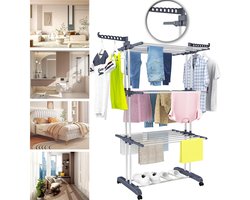 4-Laags Wasdroogrek Met Wielen - 2 Zijhaken Met Vergrendelbare Remmen - Stevig Metalen Frame - Snelle Montage in 10 Minuten Plat Op Te Vouwen - Voor Binnen- En Buitengebruik