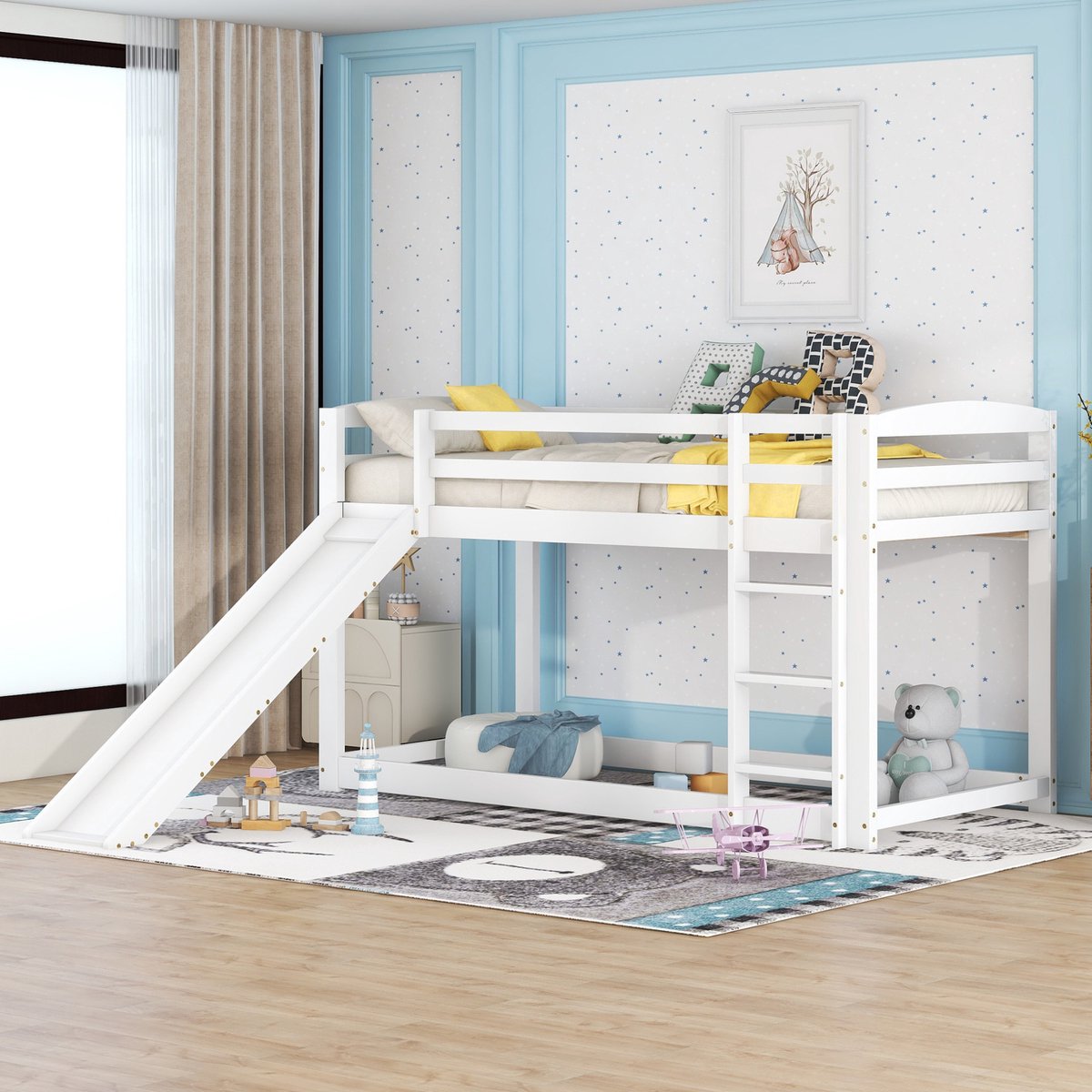 MEUNIQ hoogslaper met glijbaan en ladder 90 x 200 cm, met uitvalbeveiliging en lattenbodem voor kinderkamer, wit