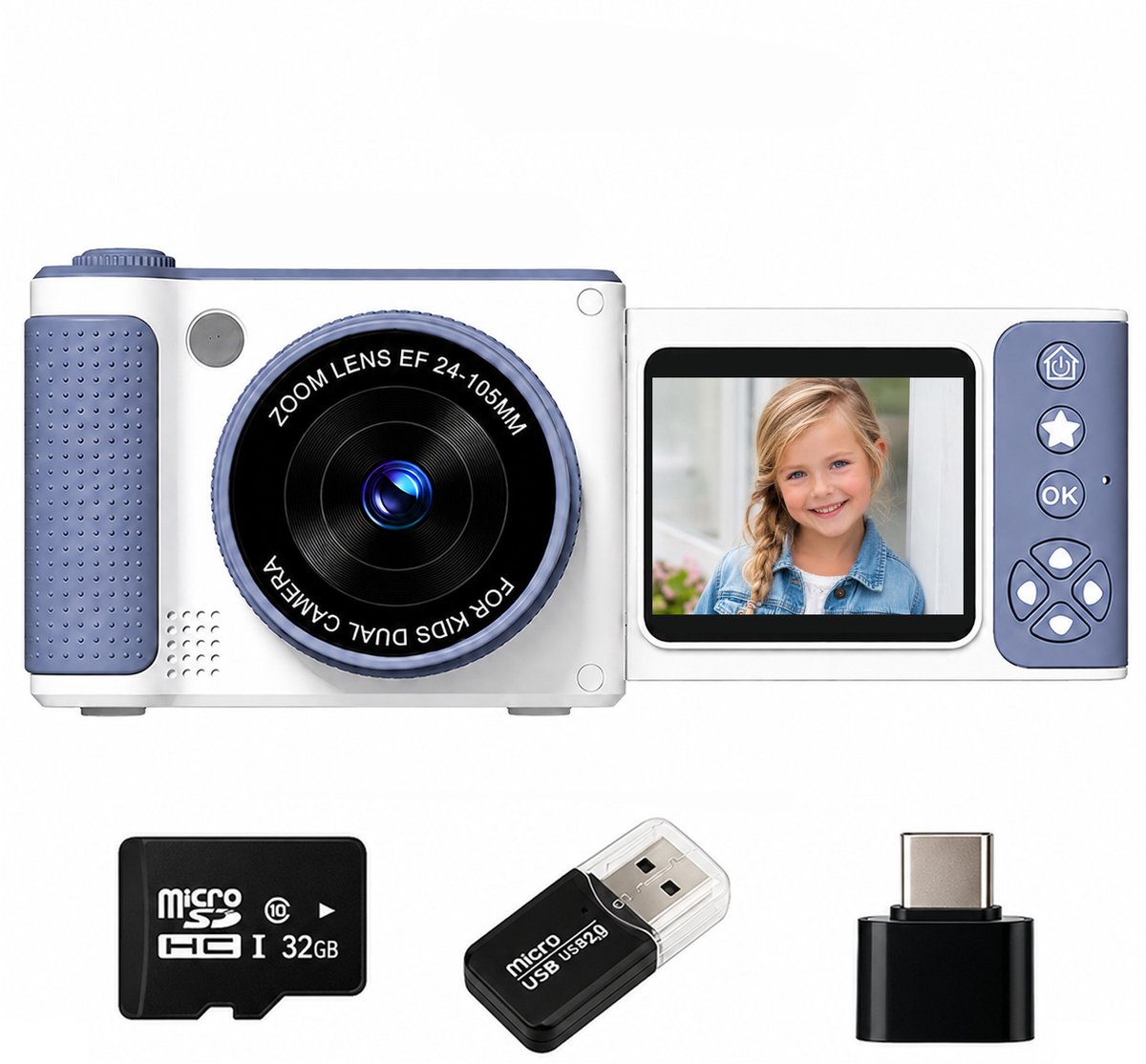 Digitale Fotocamera - 1080P 48MP Videocamera met 8X Zoom & Klapscherm - LED-verlichting & 32GB Kaart - voor Tieners, Studenten & Vrienden - Wit - 1 Set