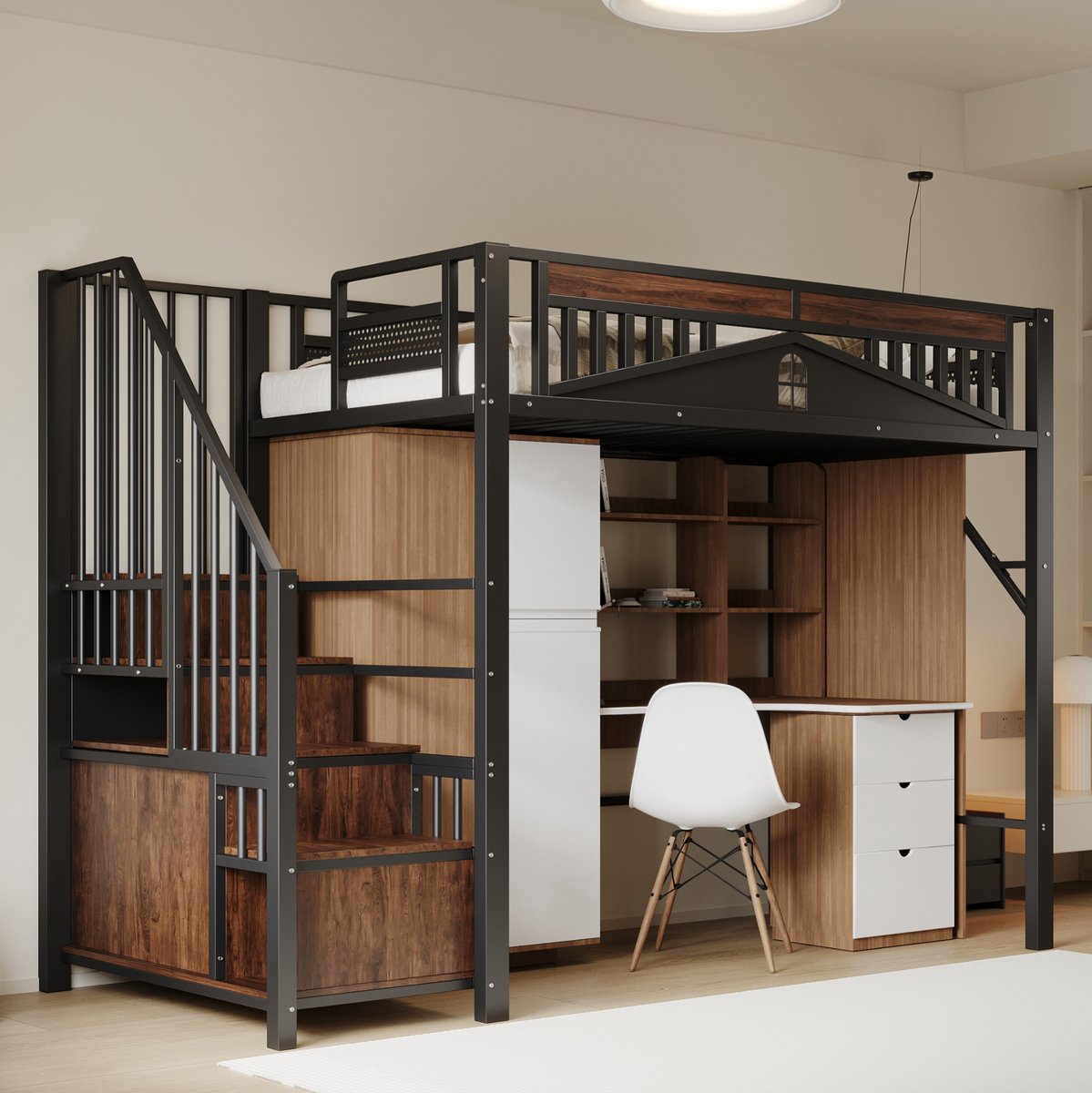 MEUNIQ Hoogslaper 90 x 200 cm met trap, opbergruimte, klein kastje, bureau en uitvalbeveiliging, metalen kinderbed voor kinderkamer, zwart