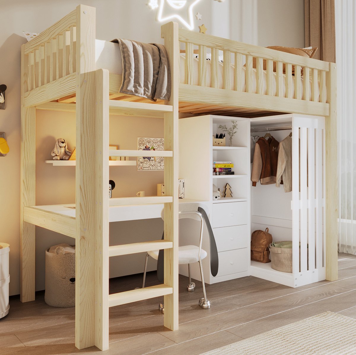 MEUNIQ Hoogslaper 90 x 200 cm met bureau, kledingkast, 3 laden, open opbergruimte, ladder en uitvalbeveiliging voor kinderkamer, naturel Natural