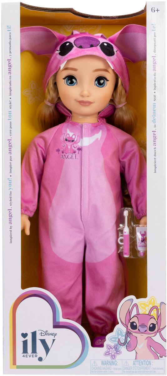 Disney ily 4EVER Angel-pop 45 cm / 18" met blond haar, officieel gelicentieerd door Jakks Pacific, inclusief schattige roze Lilo & Stitch-geïnspireerde onesie met oren, slippers en tandenborstel, cadeau voor meisjes vanaf 6 jaar — afbeelding 3