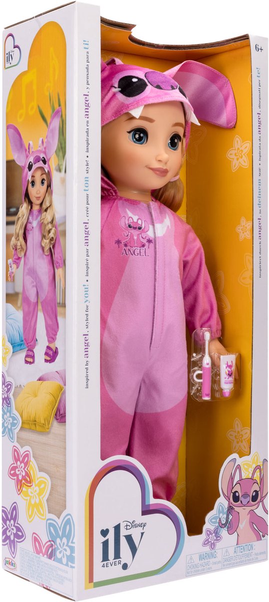 Disney ily 4EVER Angel-pop 45 cm / 18" met blond haar, officieel gelicentieerd door Jakks Pacific, inclusief schattige roze Lilo & Stitch-geïnspireerde onesie met oren, slippers en tandenborstel, cadeau voor meisjes vanaf 6 jaar — afbeelding 5
