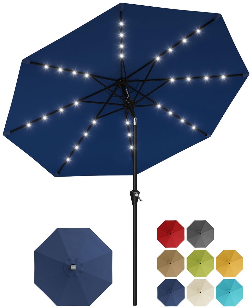 Parasol met Solar LED Verlichting - 300x300x240cm - Tuinparasol UV-bestendig met 8 Ribben en Kantelfunctie - Eenvoudig met Draaiknop - Zonder Voet - Voor Tuin Zwembad of Terras - Donkerblauw
