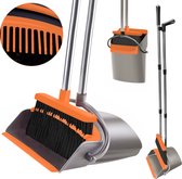 Stoffer en Blik met Lange Steel XXL - Verstelbaar 54-263 cm - Bezem - Bezemsteel - Grijs & Oranje - Veger en Blik - Vuilblik voor Binnen en Buiten - Ingebouwde Schoonmaaktanden