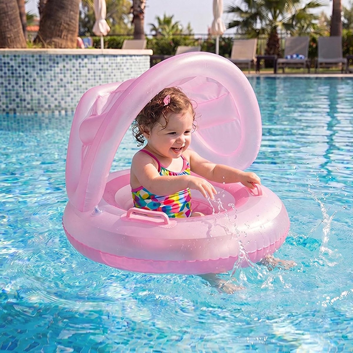 LISM - Ergonomisch waterdicht, draagbaar opblaasbaar zwembadmatras met luifel. Geschikt voor kinderen van 6 maanden tot 6 jaar, ideaal voor strandvakanties en reizen (transparant roze).