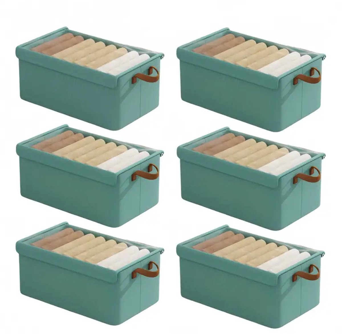 Opbergbox 6 stuks met deksel - Grote opvouwbare kleding organizer - Canvas opbergbak voor slaapkamer, plank, kast en onder bed - Groen