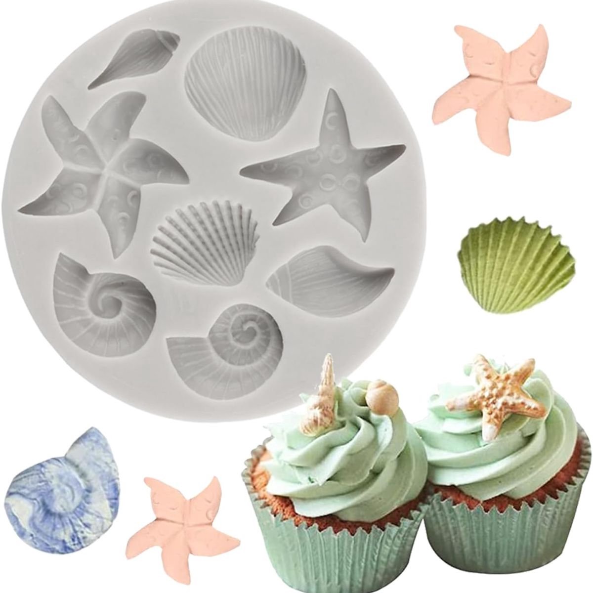 Siliconen Mal Schelpen & Zeesterren – Gietvorm voor Fondant, Chocolade, Gips, Resin en Klei (8 cm) foodsafe - fondant vormen zeester- bakvorm DIY - uitsteekvorm - taartdecoratie -