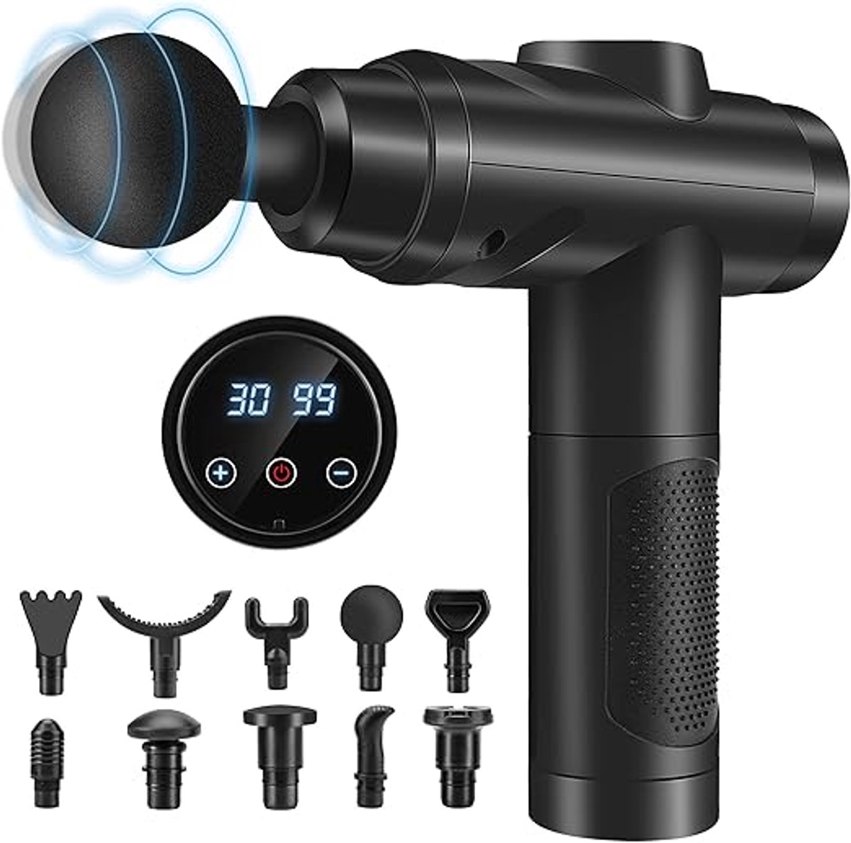 Massage Gun Professioneel – Spiermassageapparaat met 30 Intensiteitsniveaus – LCD Display – 10 Opzetstukken – Draadloos Massagepistool – Diepe Weefselmassage voor Rug Nek Schouders Armen en Benen