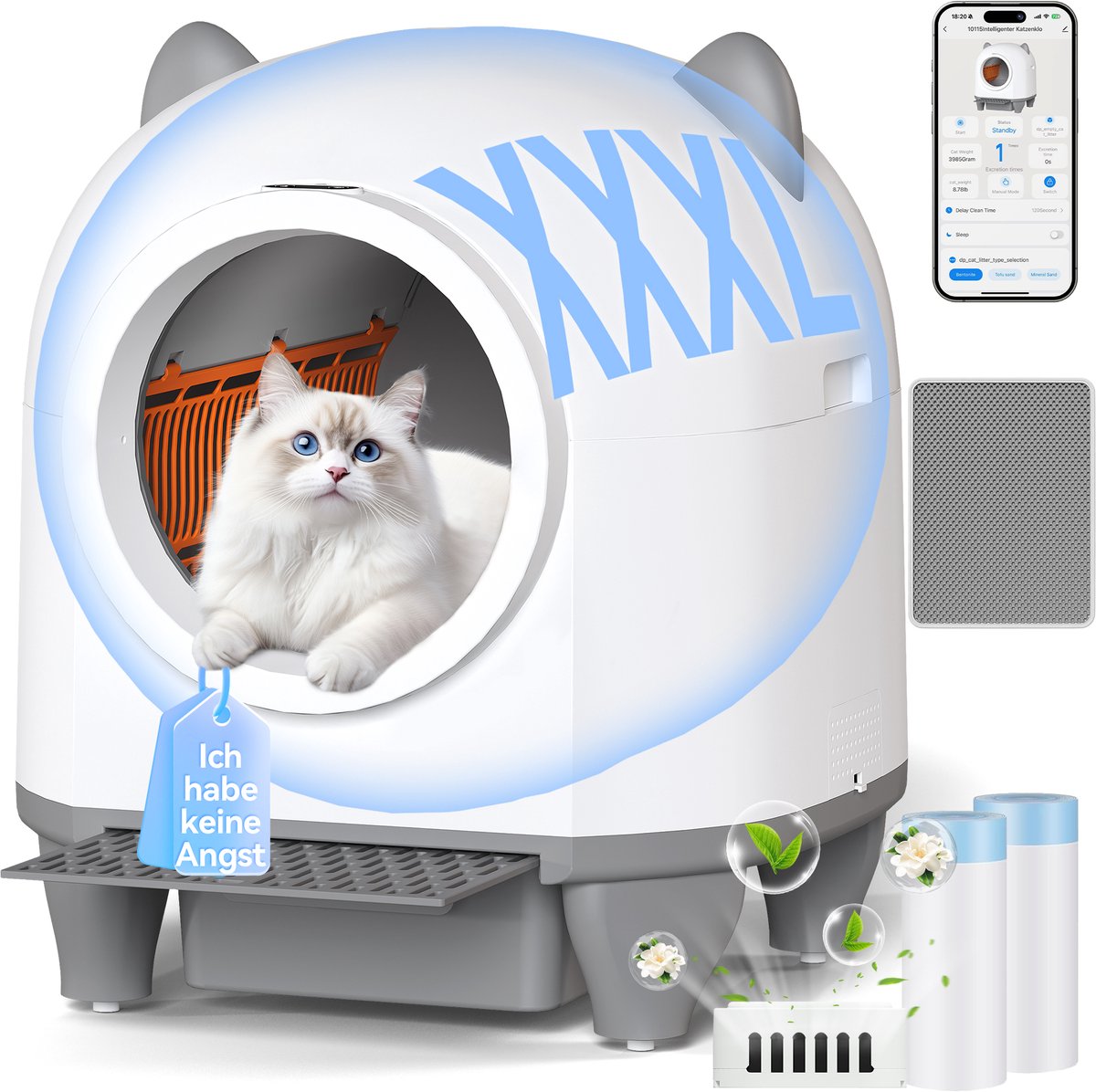 Devoko Automatische Kattenbak XXXL- Zelfreinigende Kattenbak 90L- Vorm van kattenoren - 7-voudige veiligheidsbescherming - Inclusief vuilniszakken en voetkussentjes - Stille werking en nachtmodus - Geschikt voor huishoudens met meerdere katten