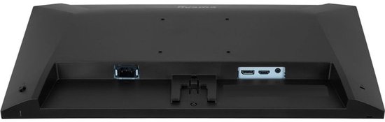Achterkant van een zwarte monitor met een stroomaansluiting en HDMI-poort.