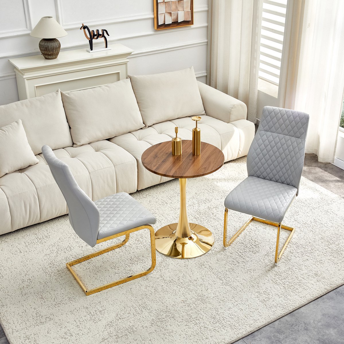 STILVORA Set Tafel En Stoelen - Ronde Eettafel 60 Cm Met 2 Stoelen - Modern En Ruimtebesparend - Voor Eetkamer En Hoekje - MDF En Metaal - Goud Lichtgrijs Walnoot