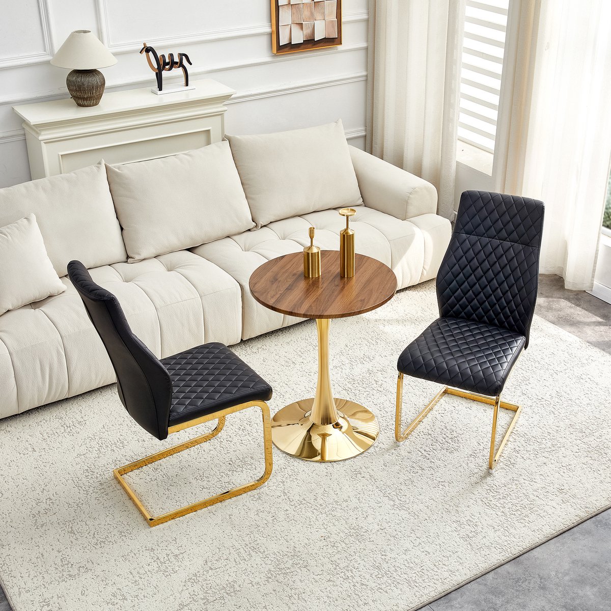 Ronde Eettafel Set Met 2 Stoelen 60 Cm Walnootlook MDF En Metaal Voor Eetkamer En Woonkamer Zwart Goud