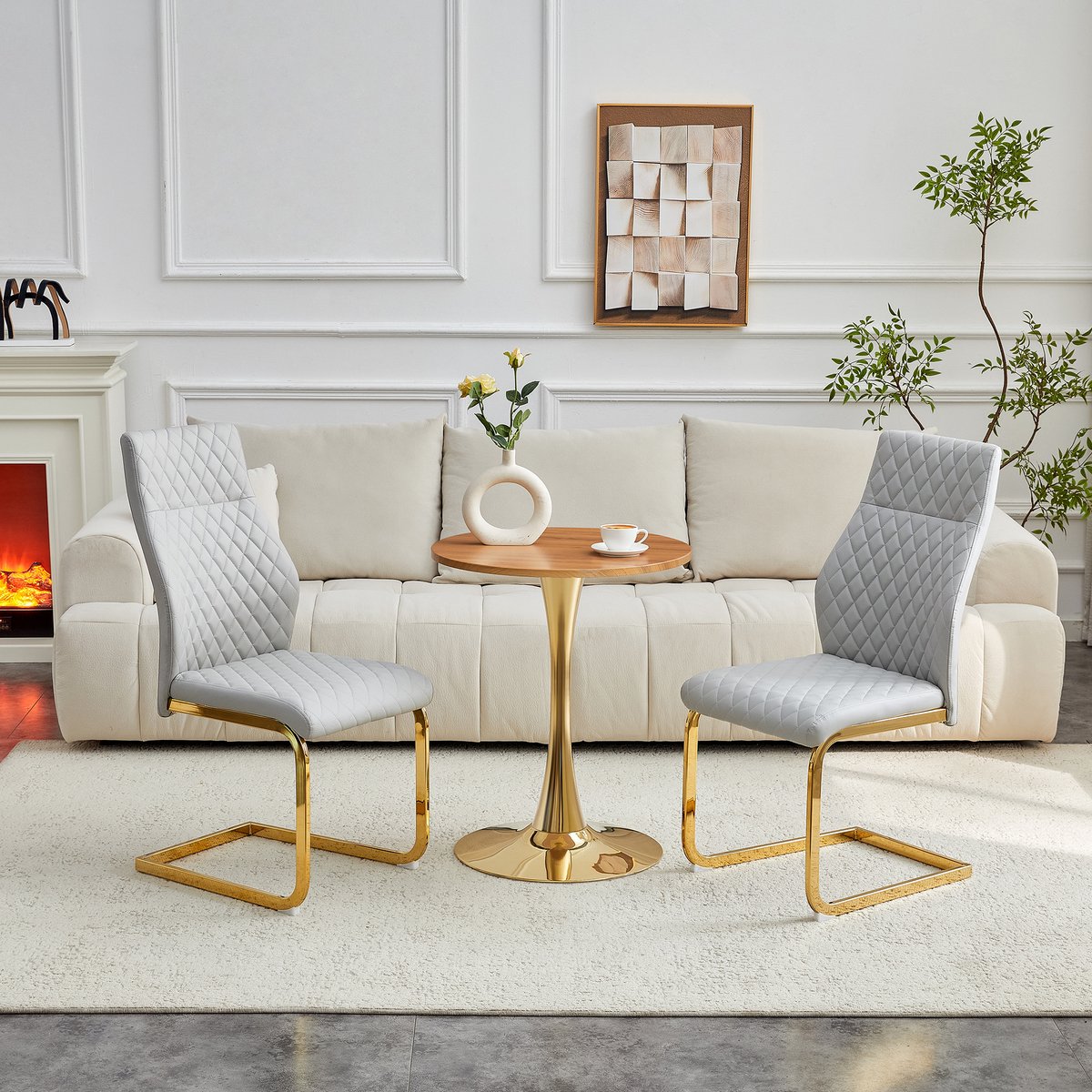 STILVORA Set Tafel En Stoelen Ronde Tafel 60 Cm Met 2 Stoelen - MDF Houtlook En Gouden Metalen Onderstel - Modern Voor Eetkamer