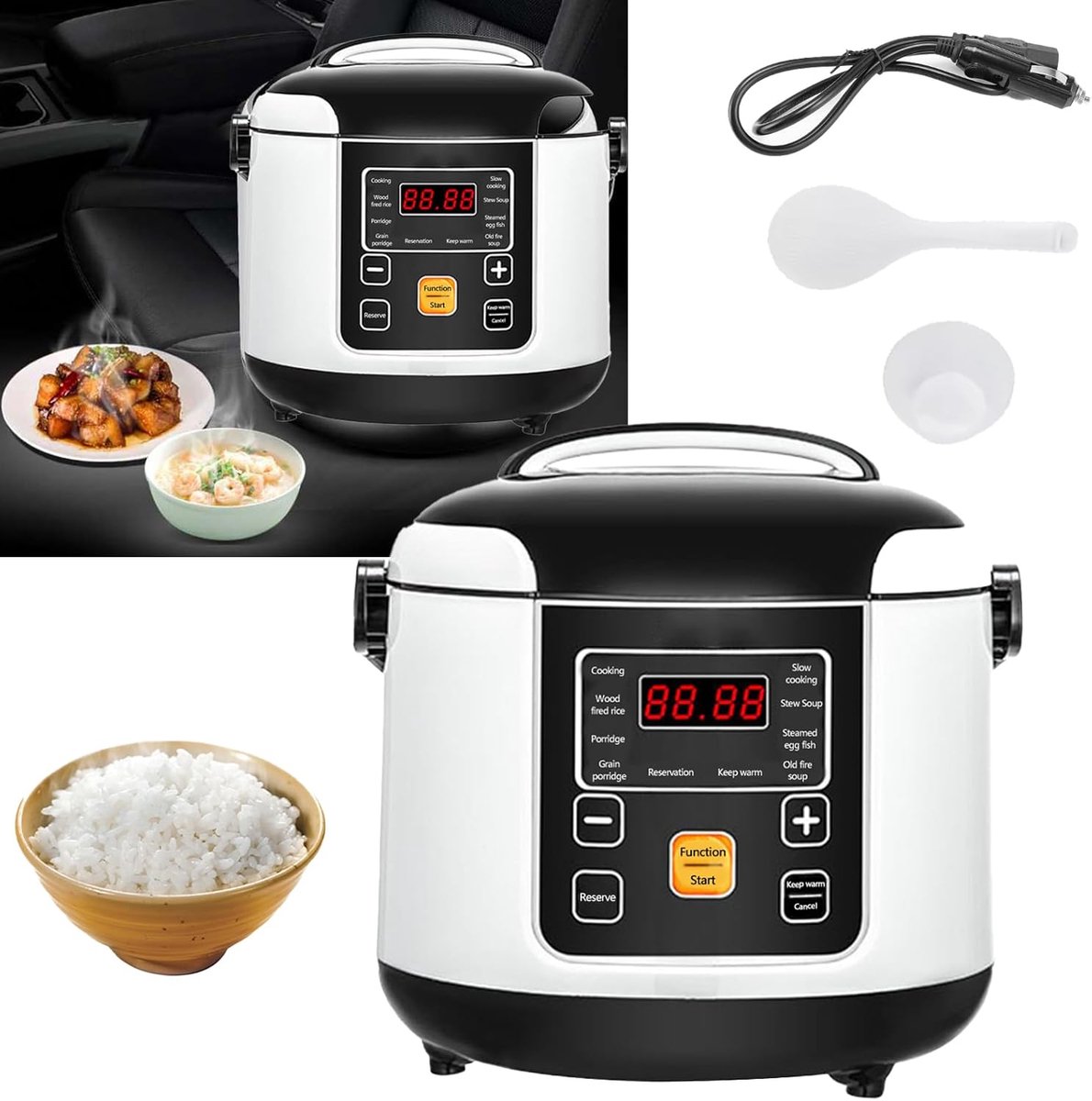 SnelShoppen - Draagbare Rijstkoker voor Auto 200 W 12V/24V, Inhoud 2L, Ideaal voor Koken van Rijst, Pap en Soep tijdens Reis, Voedselveilig PP, Compac