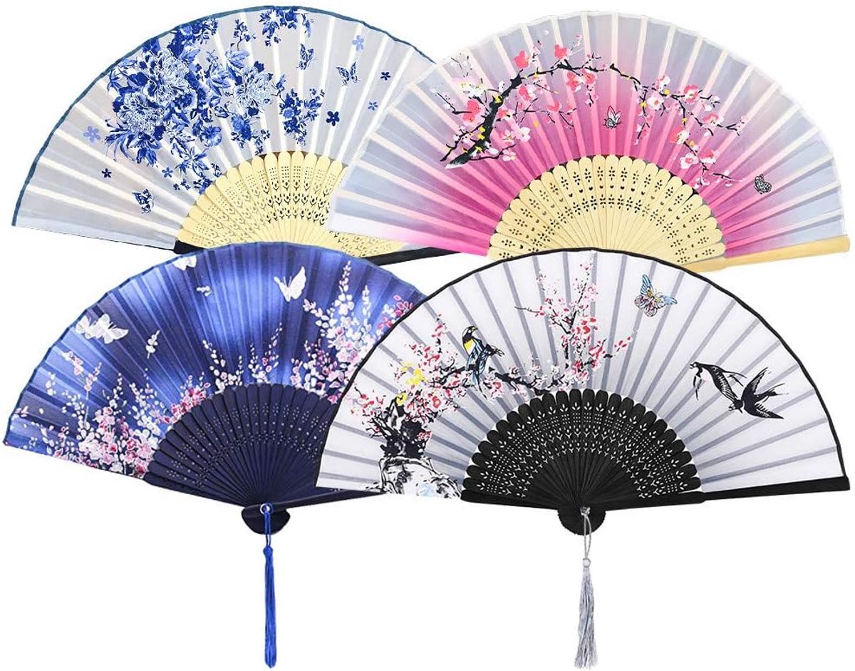 SnelShoppen - 4 Stuks Handgevouwen Fans voor Vrouwen, Zijde en Houten Handventilator, Chinese Stijl Vouwfan met Kwastjes voor Cadeaus en Wanddecoratie