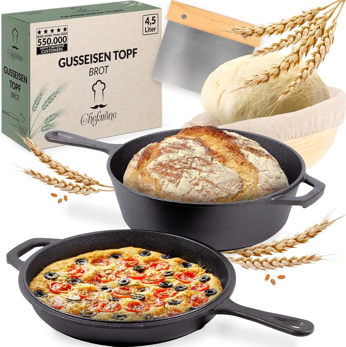 SnelShoppen - Gietijzeren Braadpan 26 cm - Ingebrand & Geschikt voor Inductie - 2-in-1 Broodbakpan met Rijsmandje - Inclusief Deksel, 3 L + 1,5 L Pan