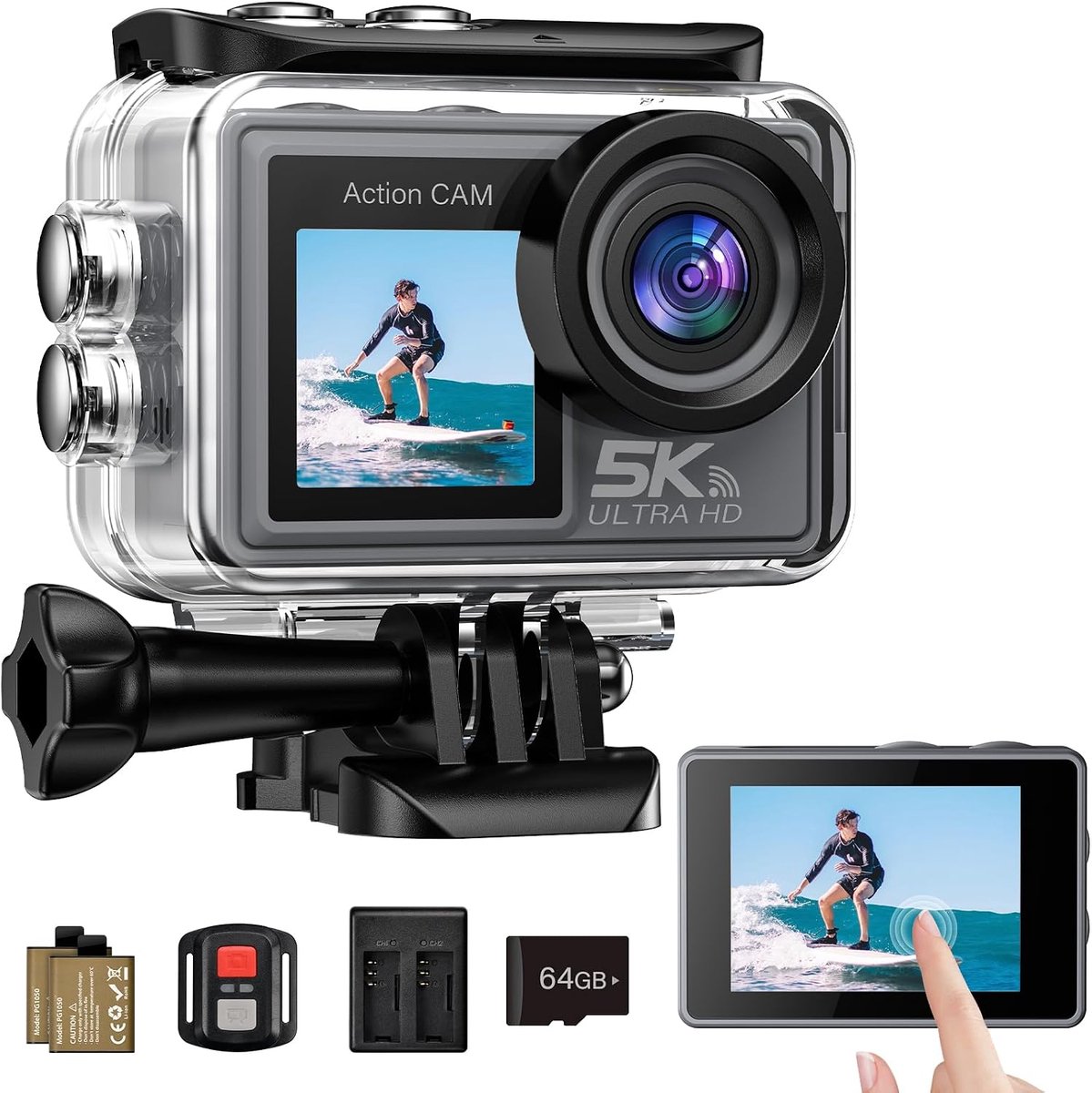 SnelShoppen - Action Cam 5K/4K 60FPS, 50MP Onderwatercamera, Waterdicht tot 30M, 64GB SD-Kaart, EIS, Dubbel Scherm, WiFi, 170° Ultragroothoeklens, Hel