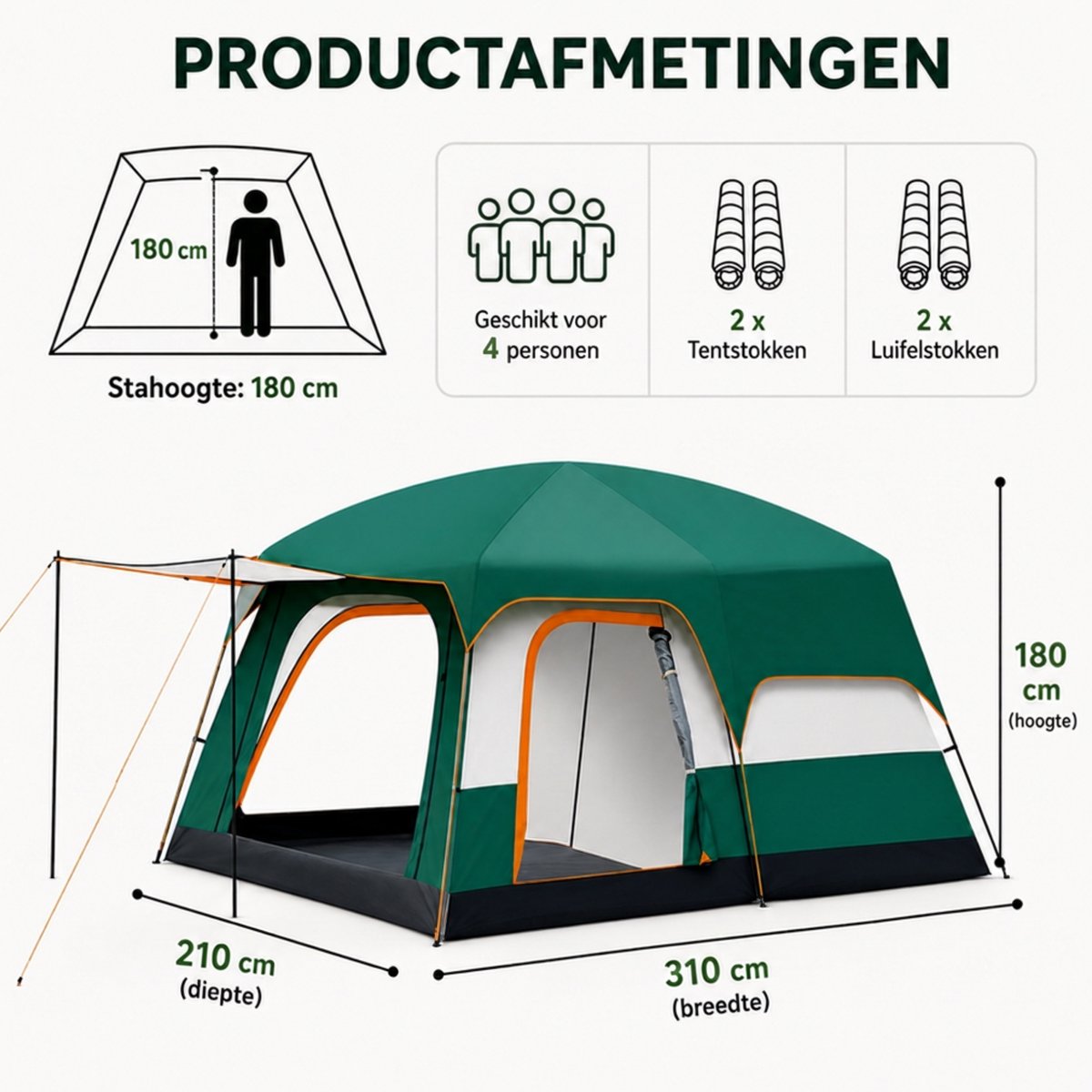 DPLUNIQ Tent - Camping - Kampeertent - Kamperen - 2 tot 4 Personen - Scheurvast - Waterdicht - UV-Bescherming - Draagbaar - Groen