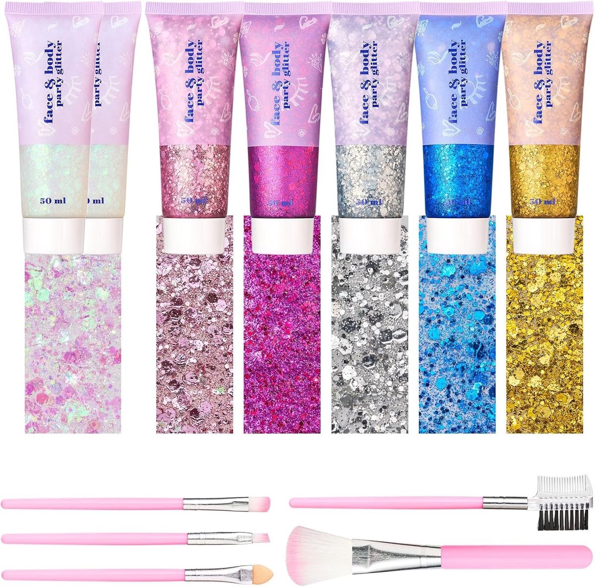 Set van 7 Glitter Gels voor Lichaam en Gezicht, Perfect voor Festivals en Make-up, Inclusief Wit, Roze, Zilver, Blauw en Goud