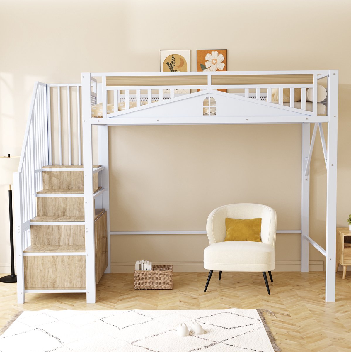 COVREO Bedframe 90x200 cm wit met opbergtreden en raamhek zonder matras