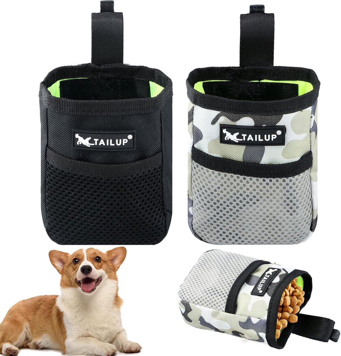 Handvrije Hondentrainingset, 2 Stuks, Snacktas met Leash Clip voor Kleine Honden, Ideaal voor Training en Wandelen, Zwart en Camouflage
