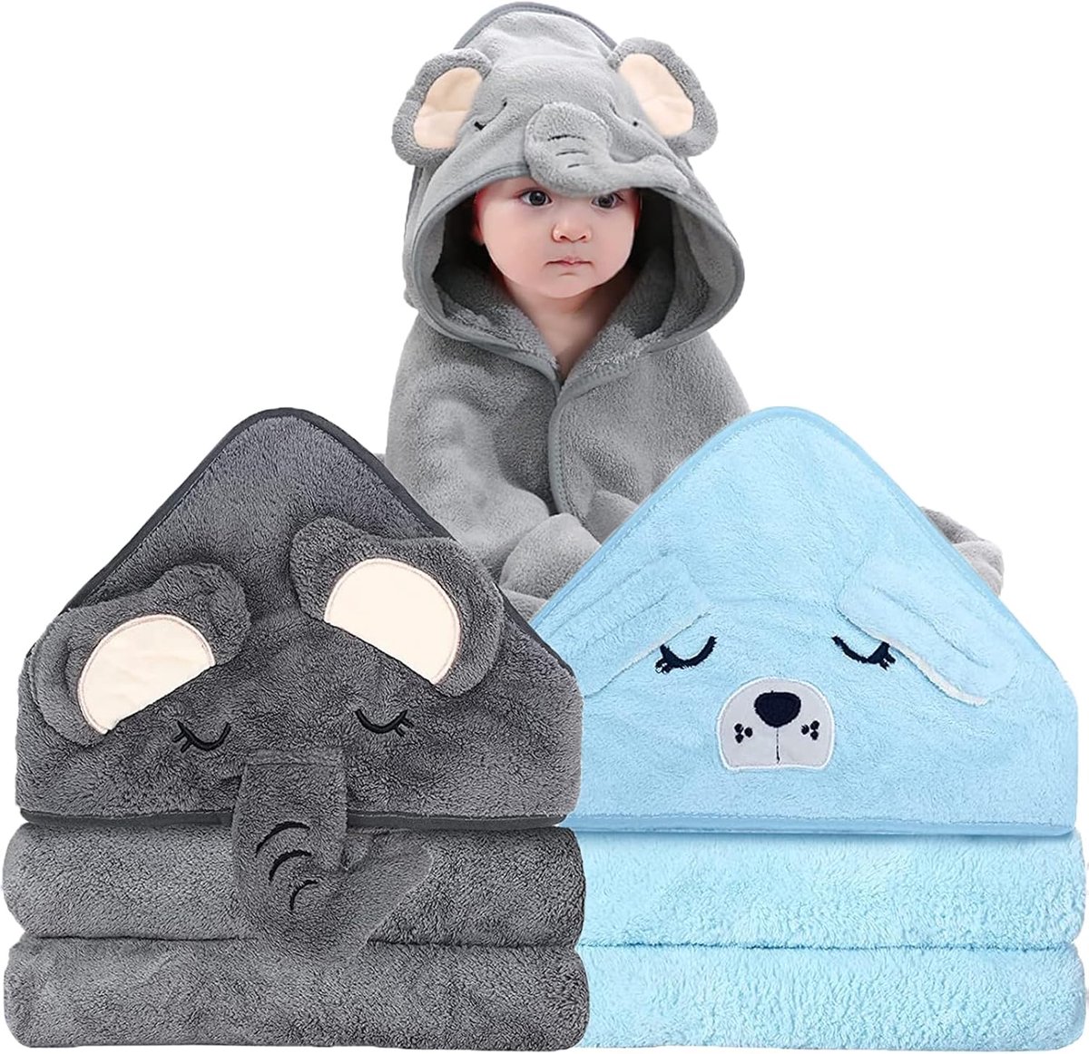 SnelShoppen - 2 stuks babybadhanddoeken 80x80 cm met capuchon, bamboe kinderhanddoeken in olifant en hond design, ideaal voor badtijd, zwembaden en st