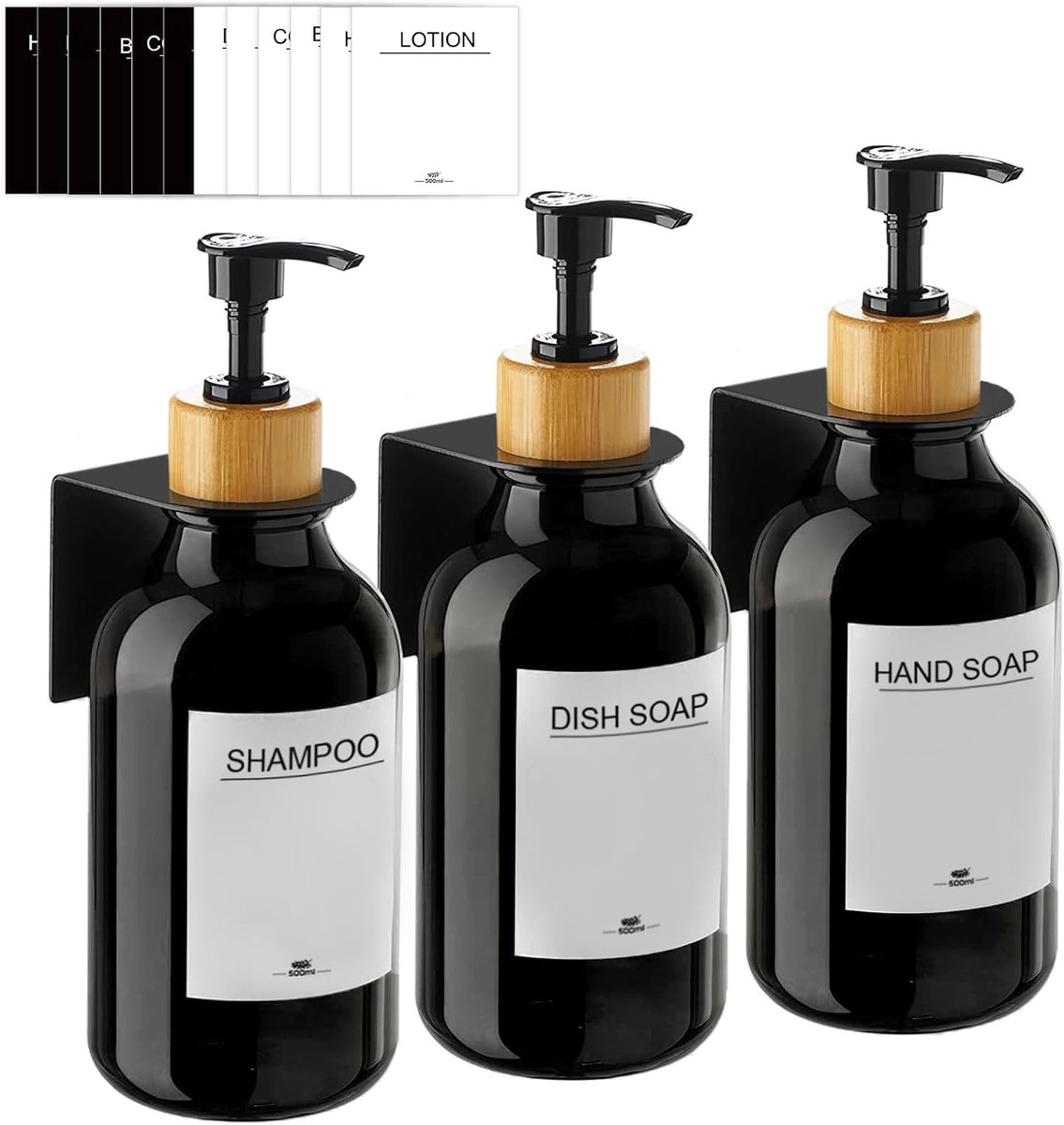 SnelShoppen - Set van 3 Wand Zeepdispensers zonder Boren, 500 ml, Shampoo- en Douchegel Dispenser, Zwart, Makkelijk Te Monteren voor Keuken en Badkame