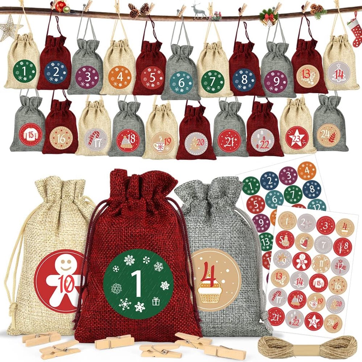 SnelShoppen - Adventskalender voor Vullen, 24 Jute Tassen met Stickers, Kerstcadeaus voor DIY Handwerk, Feestdagen, Creatief Versieren