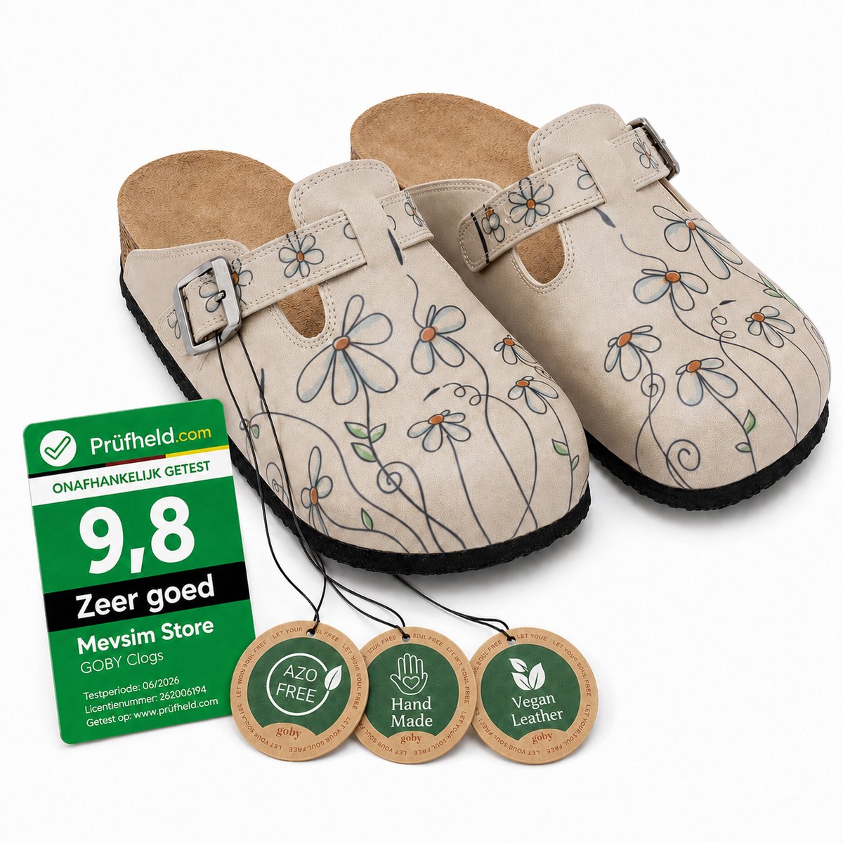 Goby – Beige Daisy Dames Clogs – Vegan – Handmade – Maat 38