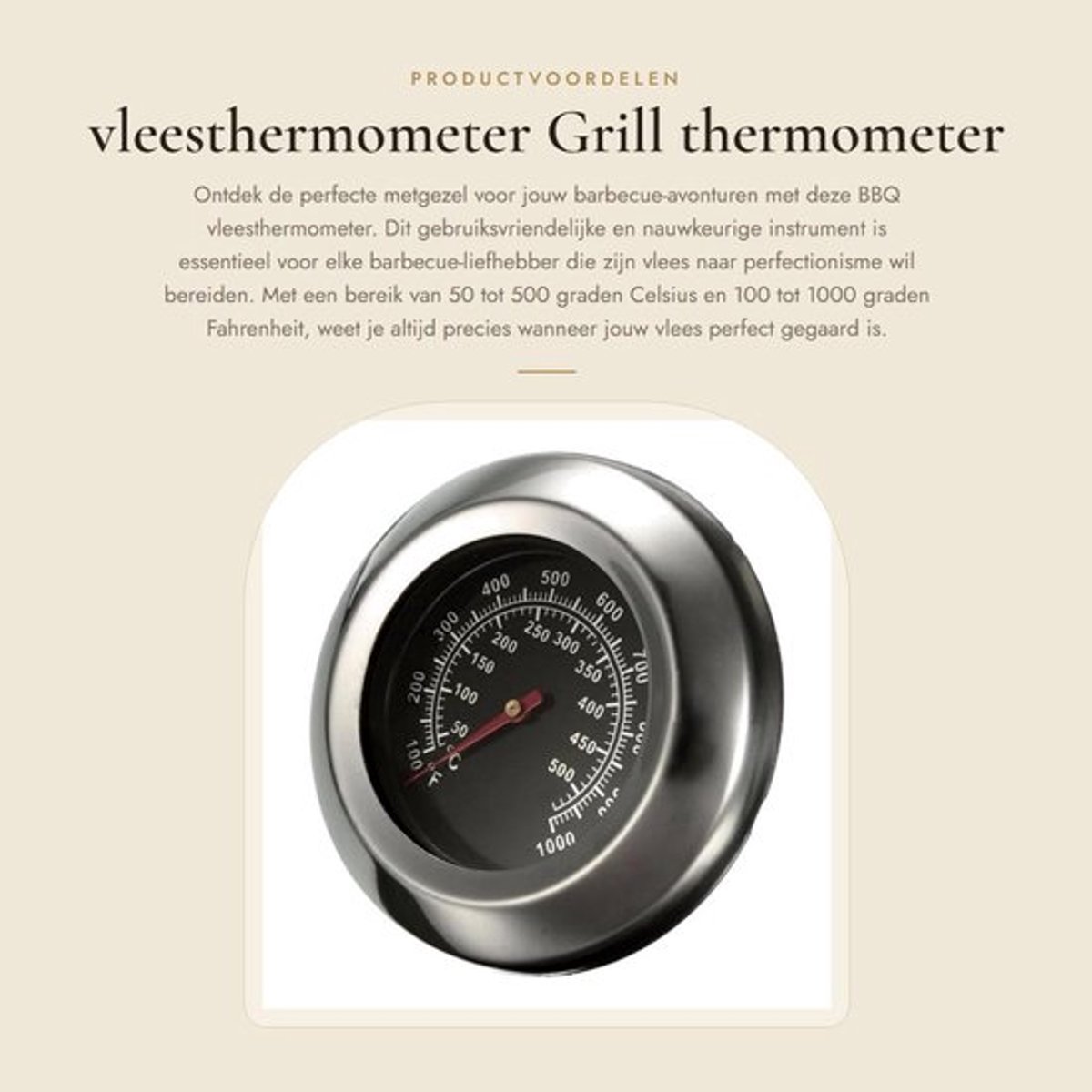 Vleesthermometer Roestvrij Staal - Grillthermometer - Nauwkeurig (+/- 10F) - Dubbele Graad Celsius/Fahrenheit - Diameter 75 mm - Eenvoudig te Installeren