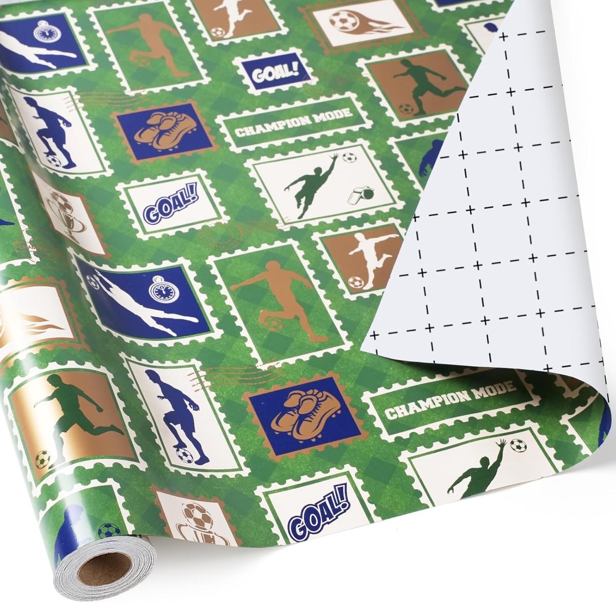 SnelShoppen - Voetbalcadeaupapierrol 43 cm x 10 m, Groene Sportmotief met Voetbalspelers en Trofee-Design, Perfect voor Mannen, Tieners, Jongens en Vo