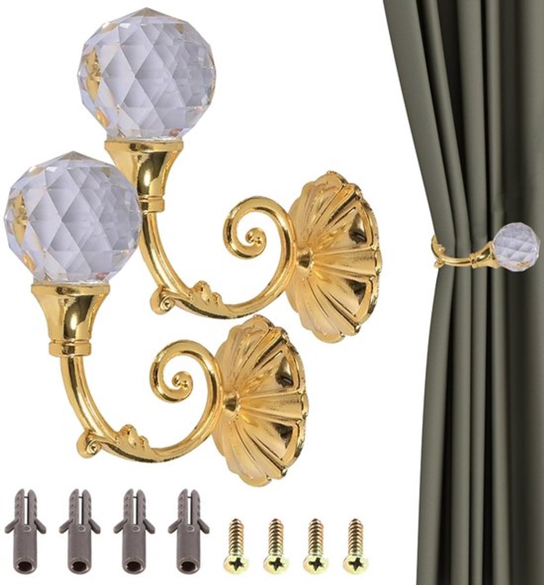 Gordijnhouder Metalen - 2-delige Gordijnhouder - Decoratieve Gordijnhouder - Muurbevestiging - Raff Haak - Kristallen Bal - Gordijndrager