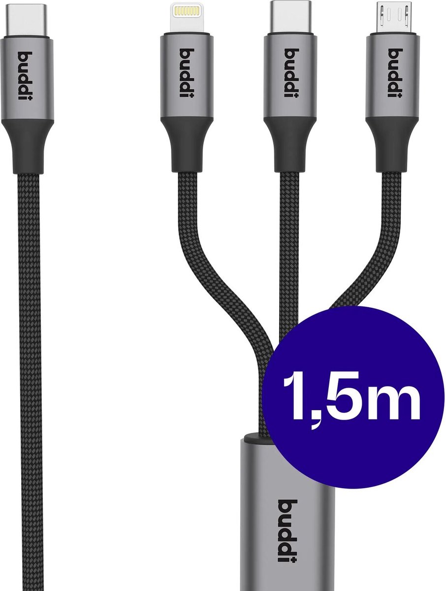 Buddi Flex 3-in-1 USB-C naar USB-C Lightning Micro-USB 1.5M Zwart
