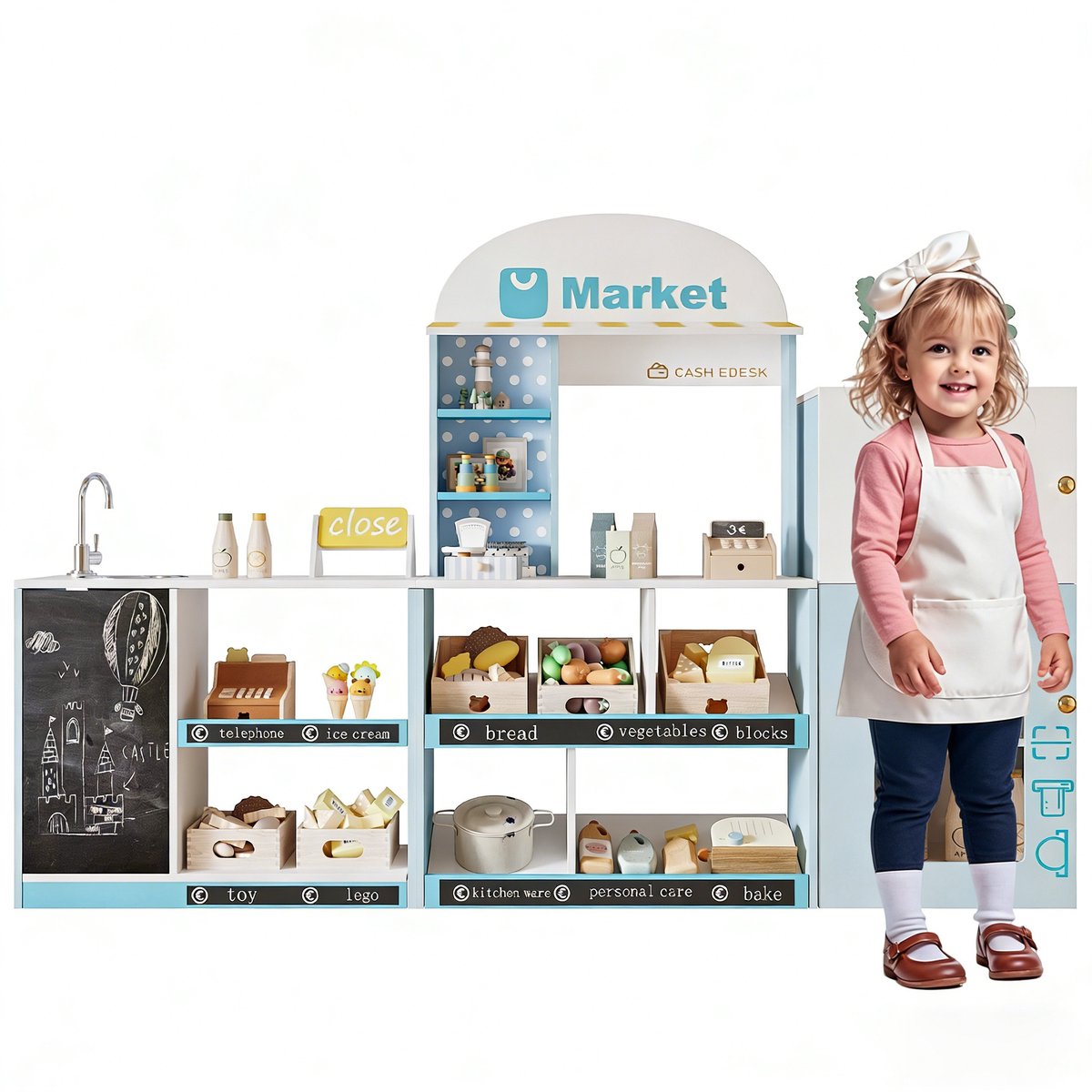 Blauwe kinderwinkeltje speelset - Met rekken en koelkast - Met reclameborden en krijtbord - Met zijbalie en kraan - Vanaf 3 jaar - Van hout en kunststof
