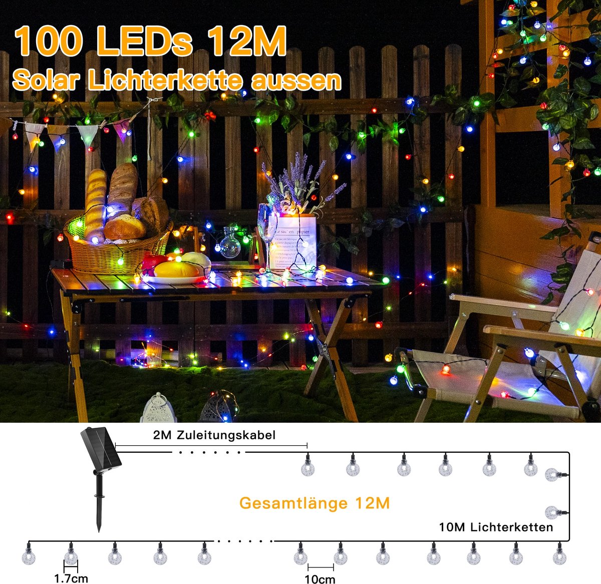 SnelShoppen - Lichtsnoer Zonne-energie 12m met 100 LEDs - Weerbestendig & IP65 Waterdicht - 8 Modi - Kleurrijk Tuinverlichting voor Terrein, Balkon, B