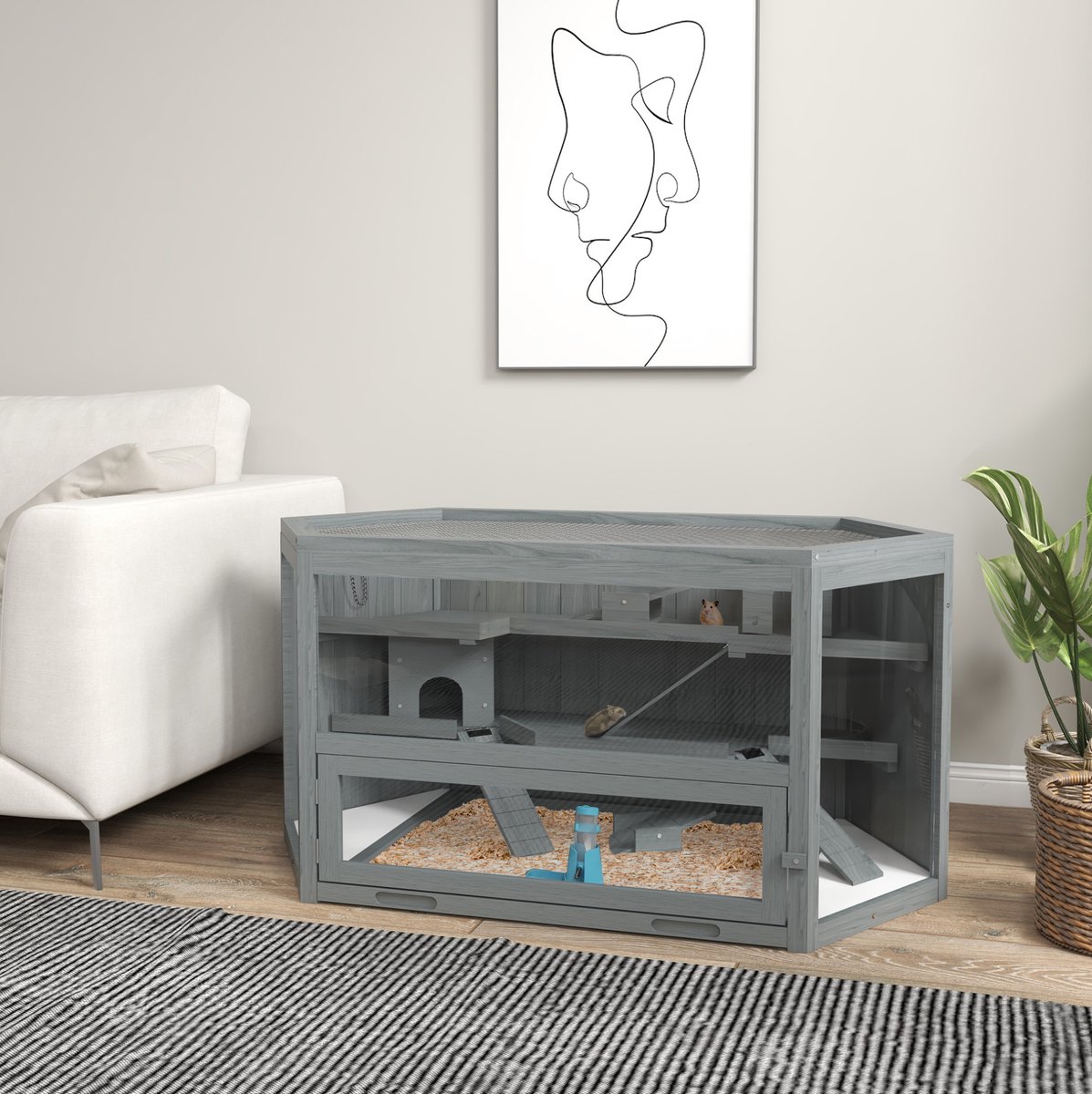 REDOM - Kleintierkäfig - 3 etages - 6-hoekige houten kooi met klapdak, kijkvenster en ramp - Voor binnen - Grijs - 115 x 60 x 55 cm